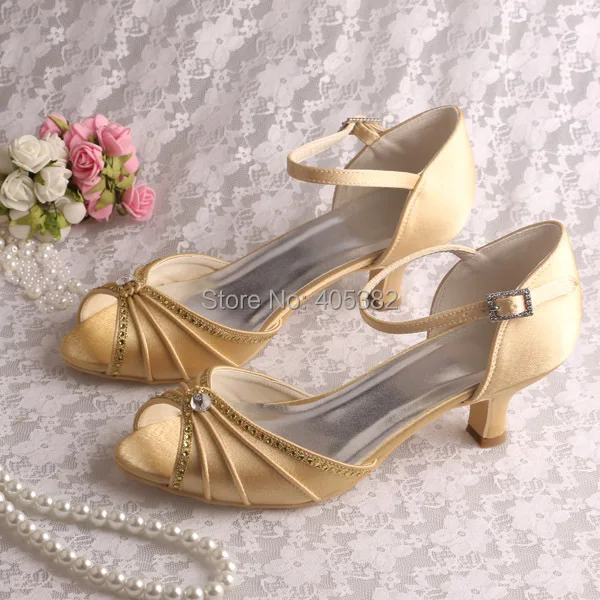 Wedopus New Beautiful Ladies Fancy Low Heel Shoes Sandals Evening Party Gold Satinin Women