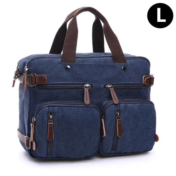 Мужская Холщовая Сумка, кожаный портфель, Дорожный чемодан, сумка-мессенджер на плечо, сумка-тоут сзади, большая Повседневная деловая сумка для ноутбука с карманом - Цвет: Blue-L