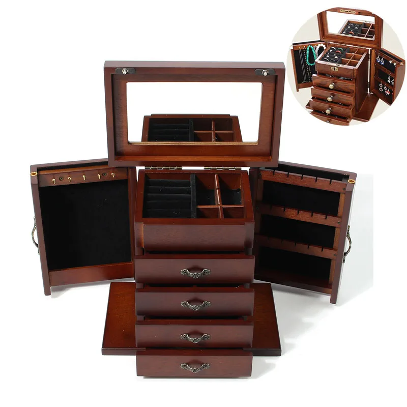 

Large Wooden Jewellery Box Vintage Jewelry Storage Box Organizer Display Case Ring Necklace Holder Drawer Multifunction Lockable