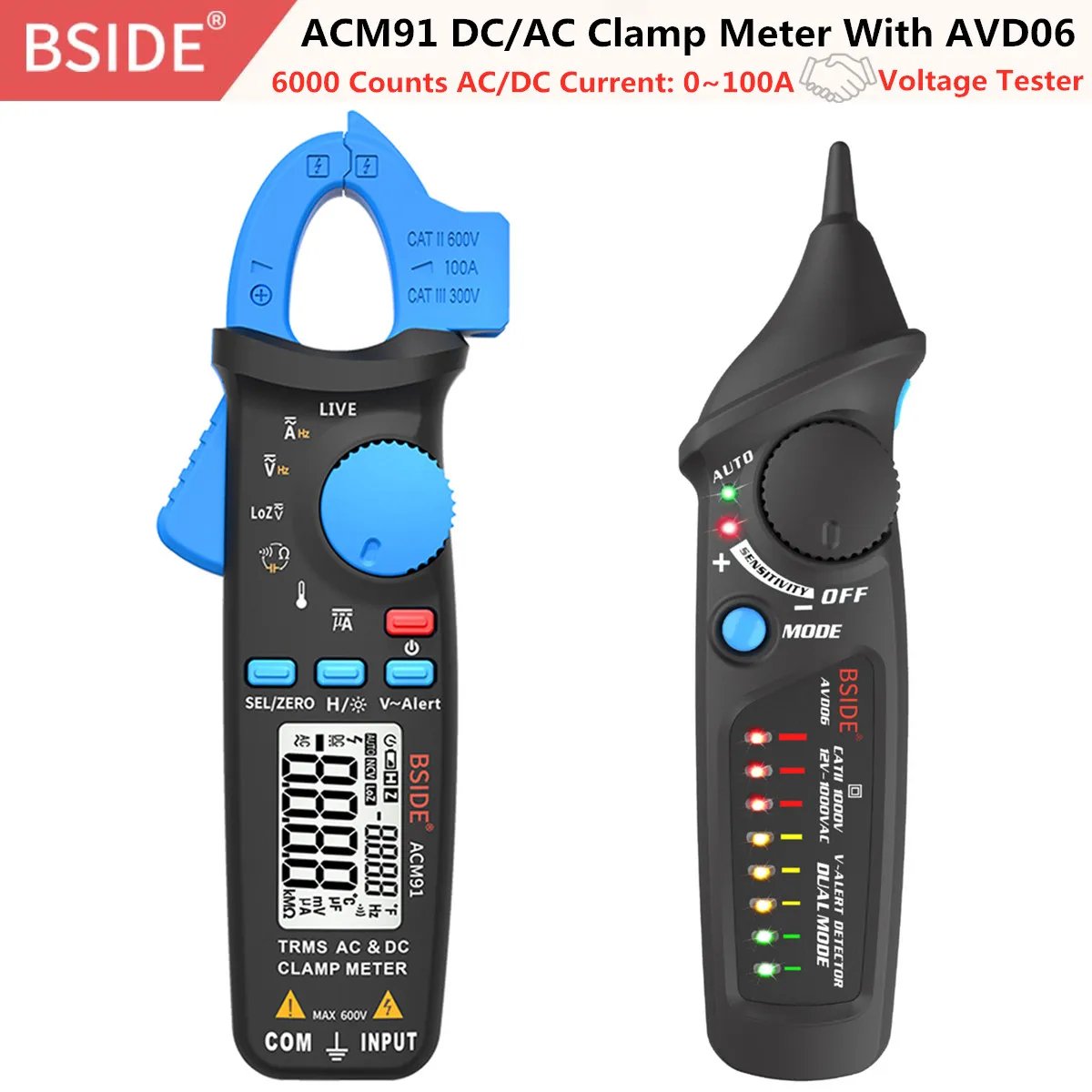 BSIDE ACM91 цифровой клещи AC/DC ток 1mA True RMS Авто Диапазон Live Check NCV температура частота конденсатор тестер мультиметр - Цвет: ACM91(Blue)-AVD06
