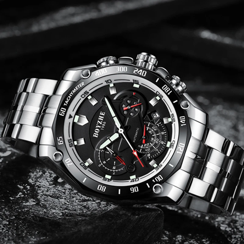 BOYZHE الفاخرة الميكانيكية الساعات متعددة الوظائف الفولاذ المقاوم للصدأ الرياضة ووتش الرجال مضيئة للماء ساعة اليد relogio masculino BOYZHE الفاخرة الميكانيكية الساعات متعددة الوظائف الفولاذ المقاوم للصدأ الرياضة ووتش الرجال مضيئة للماء ساعة اليد relogio masculino