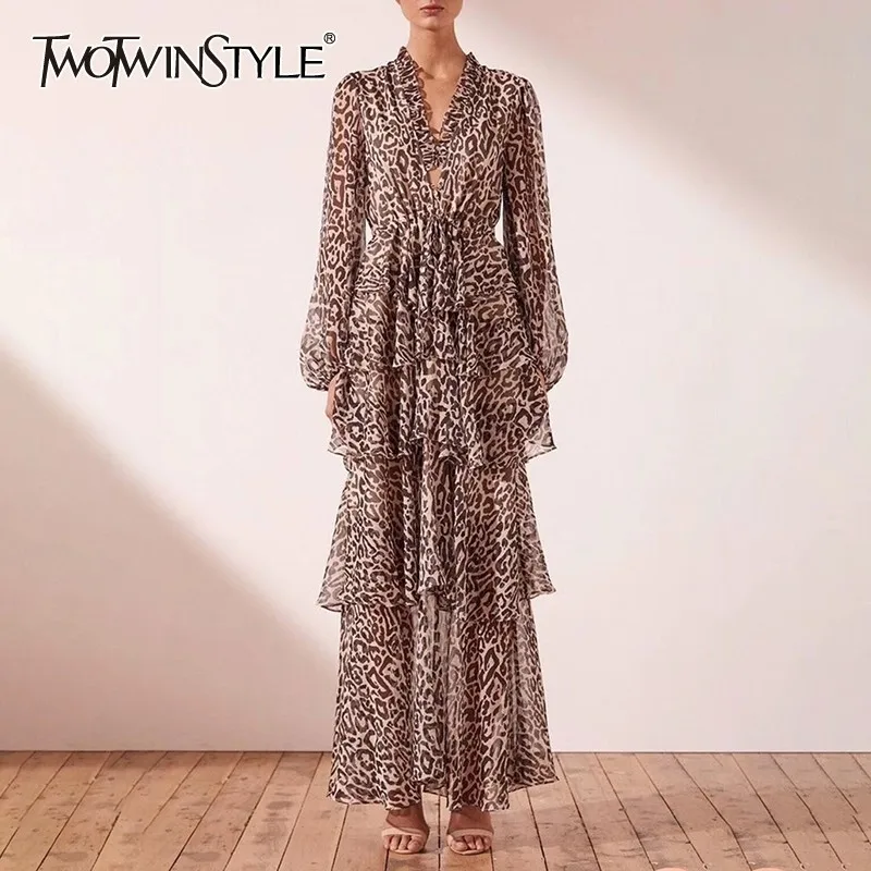 

TWOTWINSTYLE Summer Leopard Dress For Women V Neck Long Sleeve High Waist Slim Ruffles Ankle Length Dresses Female Fashion 2019