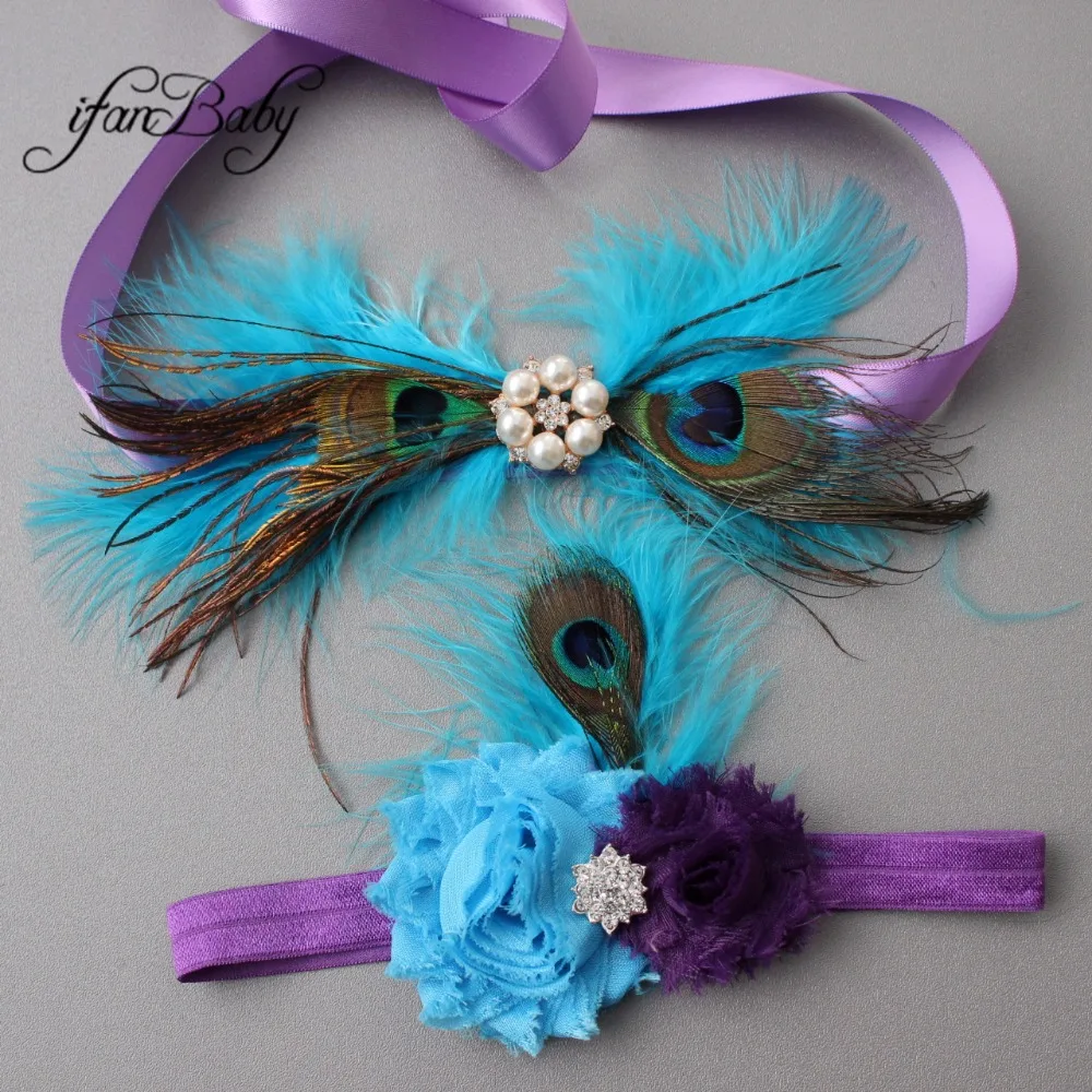 Fashion Blue flower Belt,Girl Woman Sash Belt Wedding Sashes belt with flower headband 1 SET