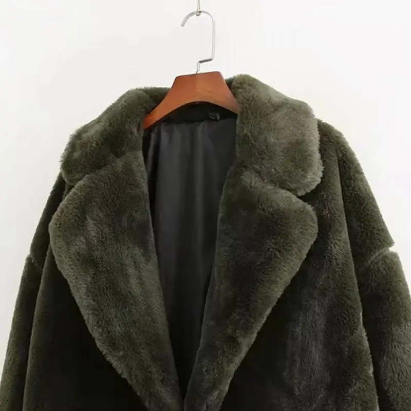 Зимнее зеленое меховое пальто для женщин, теплое длинное пальто, уличная одежда с длинным рукавом, толстое плюшевое пальто, верхняя одежда, Женское пальто из меха кролика