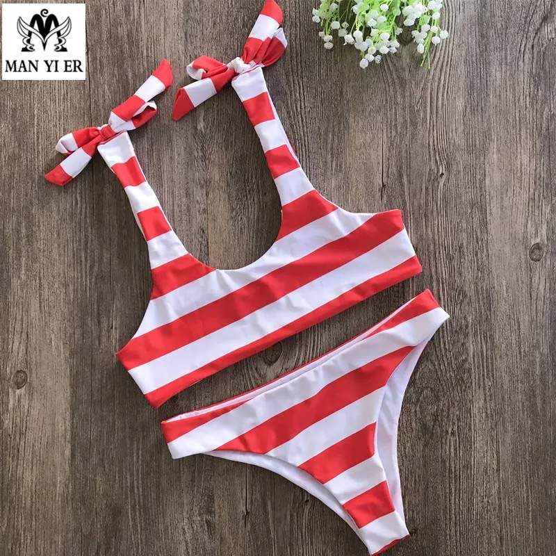 

MANYIER Bikini New Women Sexy two pieces Swimwear 4Color Striped Beachwear High quality Bikini Set Swimsuit lace-up Bathing Suit