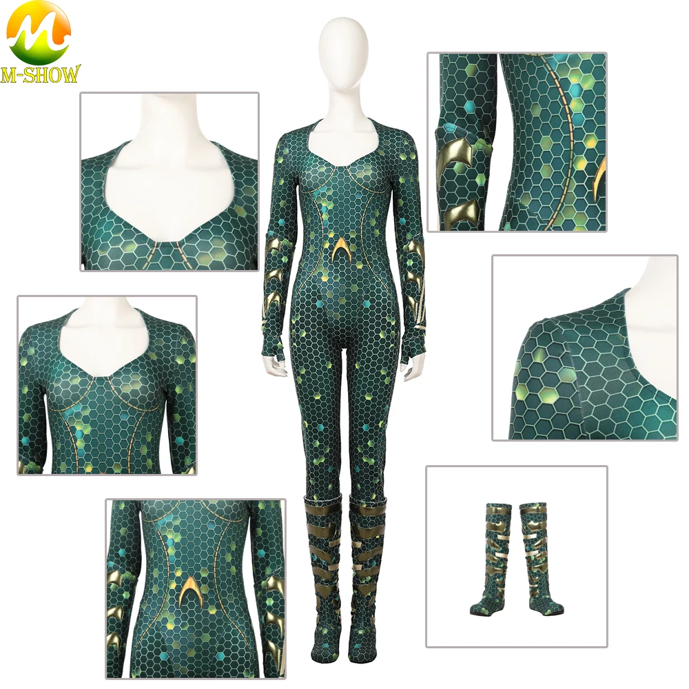 Movie Aquaman Mera Cosplay Costume Bright Green Pearly Skin Jumpsuite Female Cosplay Costume Custom Made For Halloween  