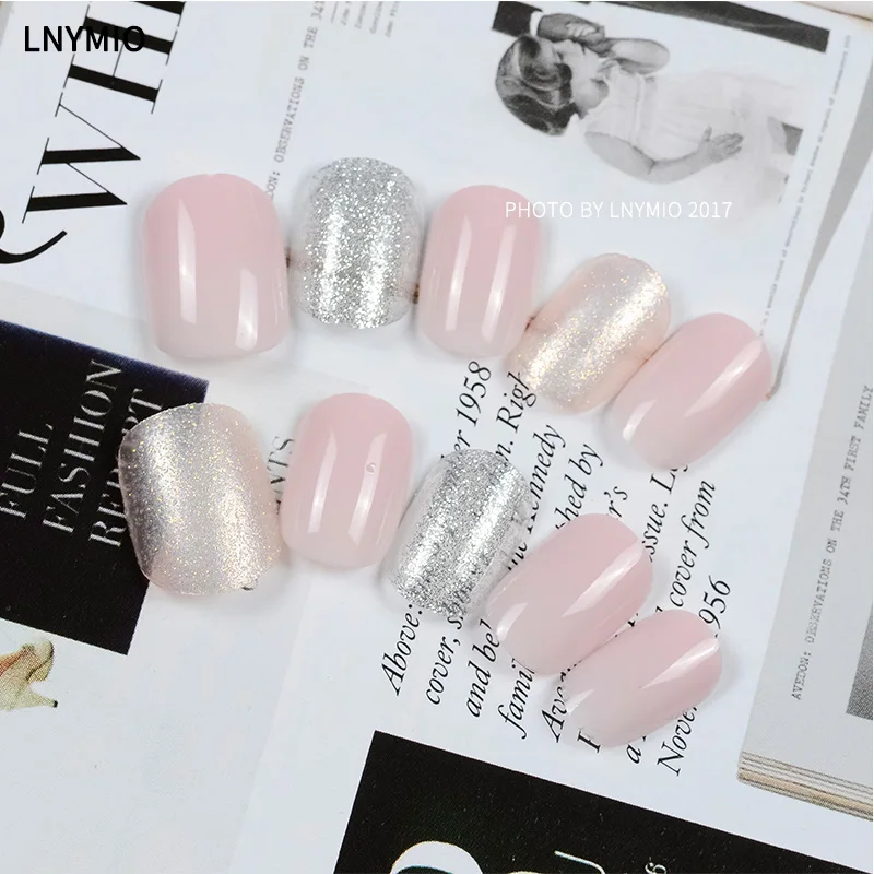 

Pink false nails golden & silver powder artificial nail art short tips for daily