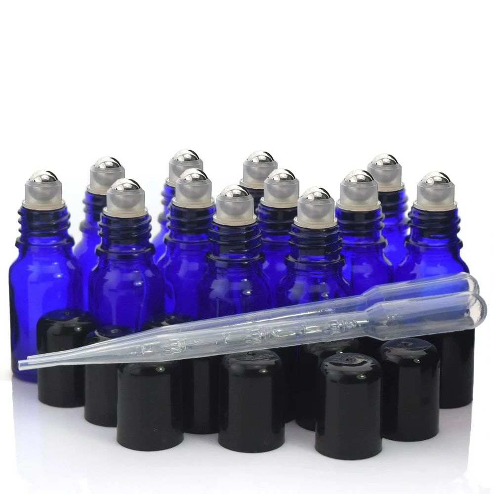 12 X 10ml Cobalt blue Glass Roll on Bottle with stainless steel roller
