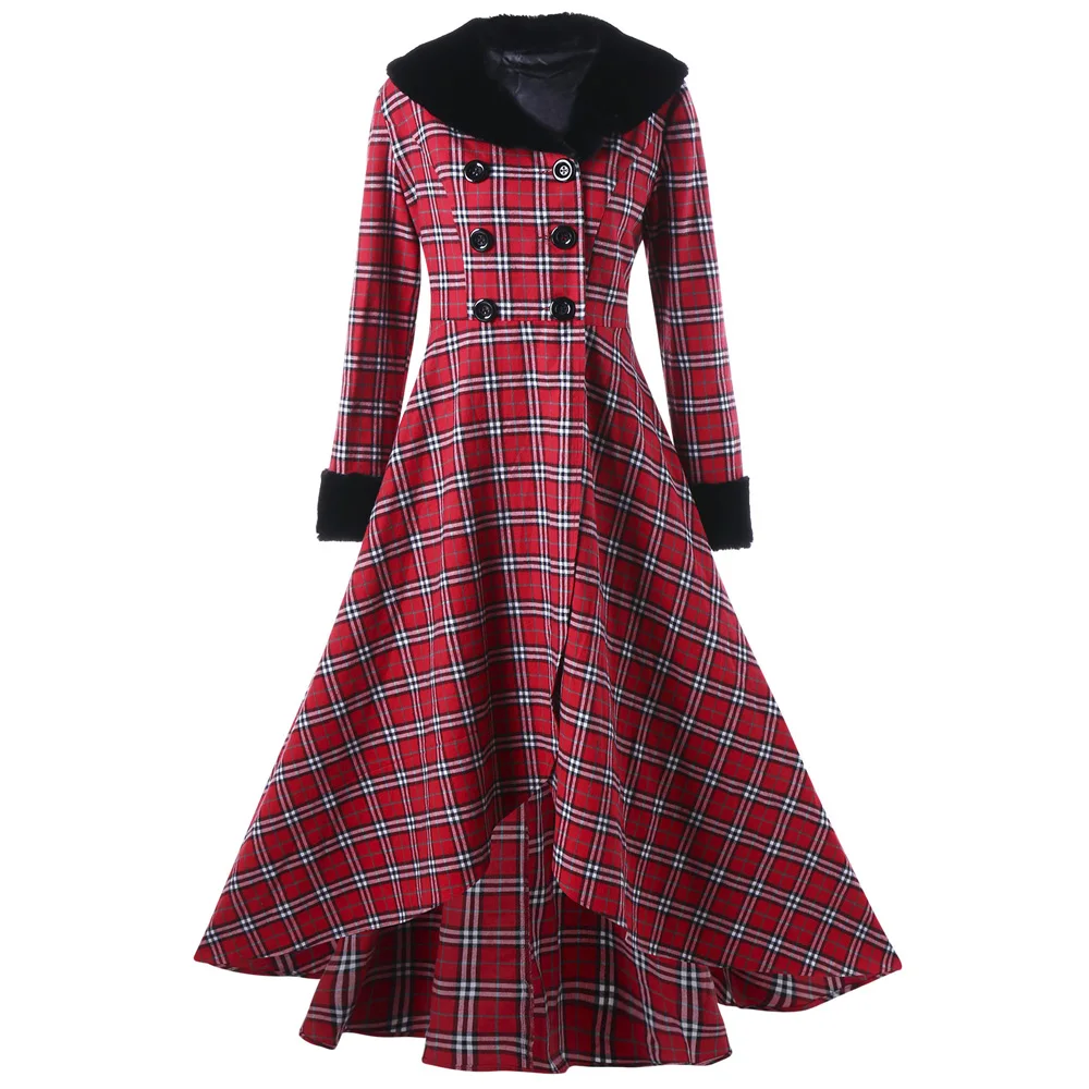 

Wipalo Plus Size Winter Red Plaid Coat Women Ladies Top Double Breasted Plaid Swing Long Slim Casual Button Wool Coats Outerwear