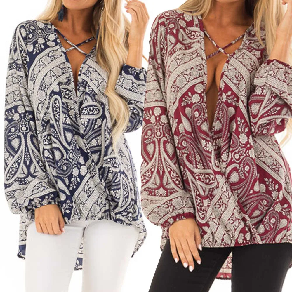 Las mujeres imprimir blusas Sexy de verano 2019 Tops señoras con cuello en V y manga larga Blusa de gasa camisa Femininas vestido Ropa de mujer Las mujeres imprimir blusas Sexy de verano 2019 Tops señoras con cuello en V y manga larga Blusa de gasa camisa Femininas vestido Ropa de mujer