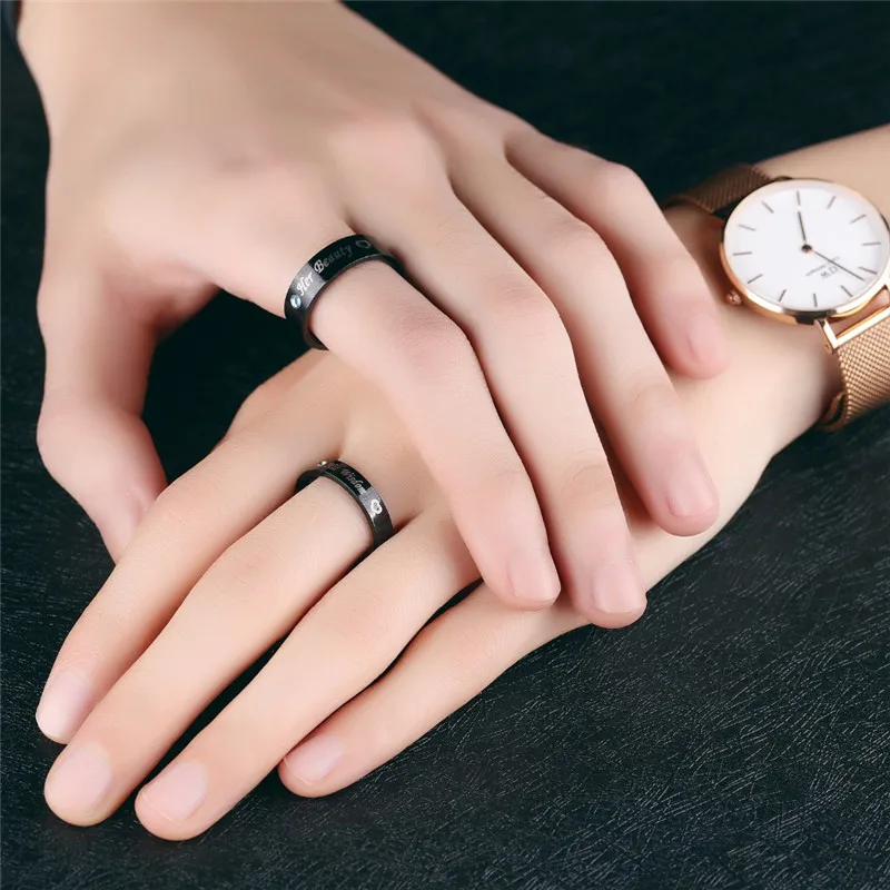 Modyle Her beauty and His wisdom Black CZ Wedding Rings Lover's Cubic Zirconia Stainless Steel Romantic Ring Jewelry