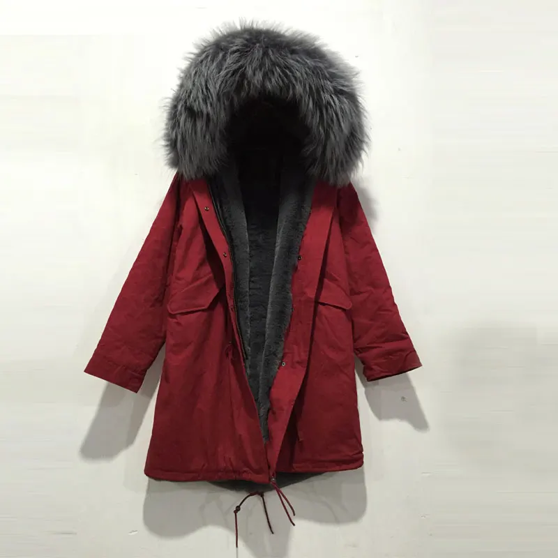 New fashion thick warm red long fur jacket with grey faux fur lining Mr furs parka Mrs coatsin