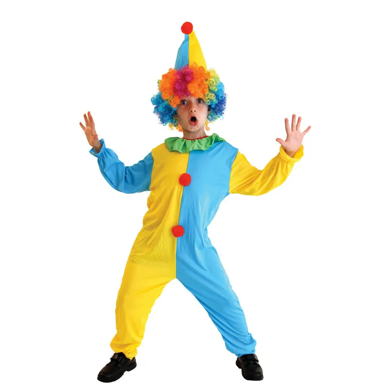

Kids Child Funny Blue Yellow Circus Clown Costume for Boys Halloween Purim Carnival Masquerade Mardi Gras Party Outfit