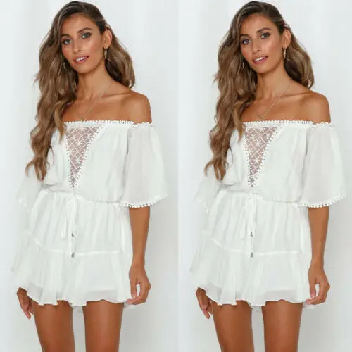 

New Womens Boho Style Off Shoulder Lace Short Sleeve Jumpsuit Playsuit Romper Summer Holiday Party Beach Casual Loose Playsuit