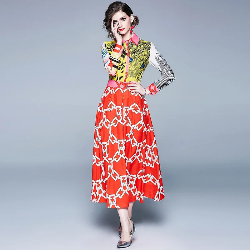 

Women Spring Autumn Dress Vintage Print Shirt Elegant Dress Patchwork Leopard Party Long Maxi Dresses Vestidos