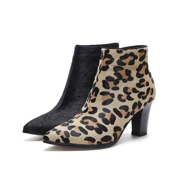 

Luxury Black Horse Hair Leopard Ankle Boots for Women Chic Pointed Toe Sewing High Square Heel Ladies Booties Runway Shoes Woman
