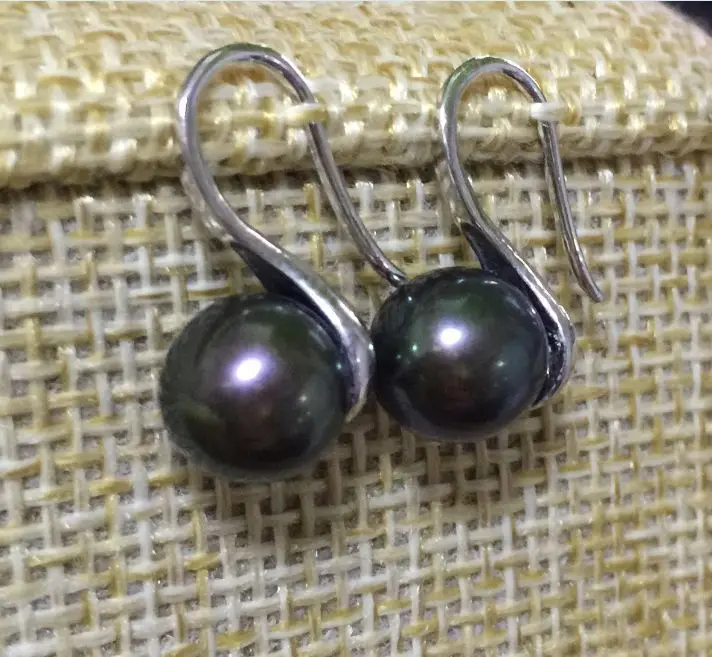 

charming pair of 9-10mm south black green pearl stud earring 925s