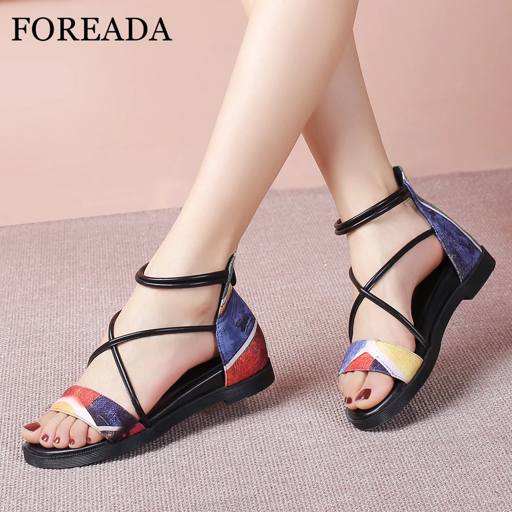 

FOREADA Summer Shoes Women Sandals Mixed Colors Cross-tied Flat Shoes Zipper Open Toe Ankle Strap Sandals Female Red Size 34-39