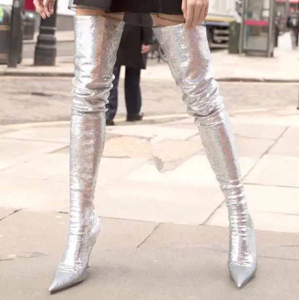 

Drop Shipping Big Size 43 Woman Gold Sliver Stretch Bling Bling Pointed Toe Stiletto Heels Over The Knee Thigh High Long Boots