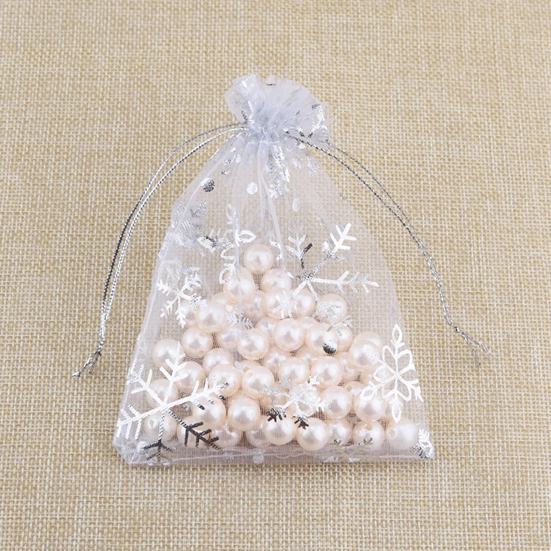 

100pcs 9x13cm White Christmas Snowflaker Lovely Pretty Organza Jewelry Candy Snack Food Gift Pouch Holder Bags Packaging