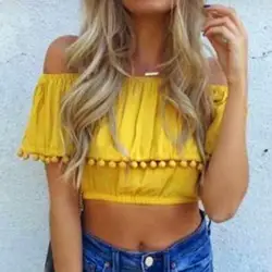Модная короткая блузка с открытыми плечами Для женщин летние топы 2018 Slash шеи с коротким рукавом Твердые свободные Для женщин блузки желтый