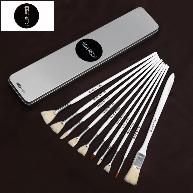 

BGLN 10Pcs/set Artist Oil Painting Brush With Exquisite Box Bristle Solid Wood Pole Gouache Acrylic Paint Brush Art Supplies