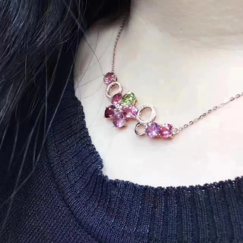  Collier pendentif tourmaline multicolore naturel S925 argent collier de gemme naturelle fleur de lu