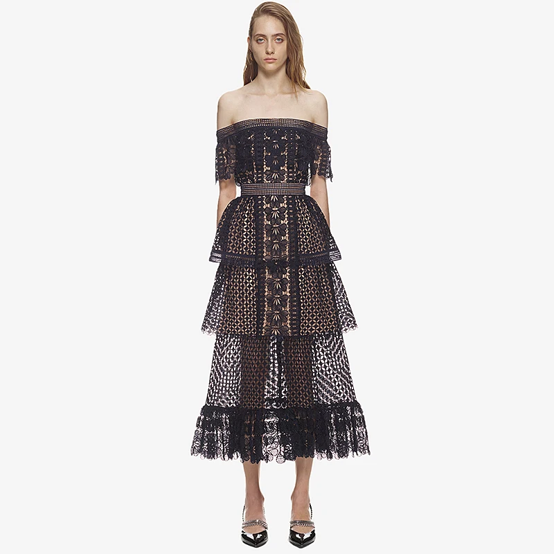 

2018 Summer Self Portrait Off Shoulder Slash Neck Long Layer Dress Cascading Ruffle Runway Backless Hollow Out Lace Women Dress