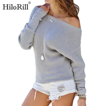 

HiloRill Women Sweater Batwing Sleeve Off Shoulder Knitted Pullover Sweater Casual Loose Knitted Sweater Pullovers Pull Femme