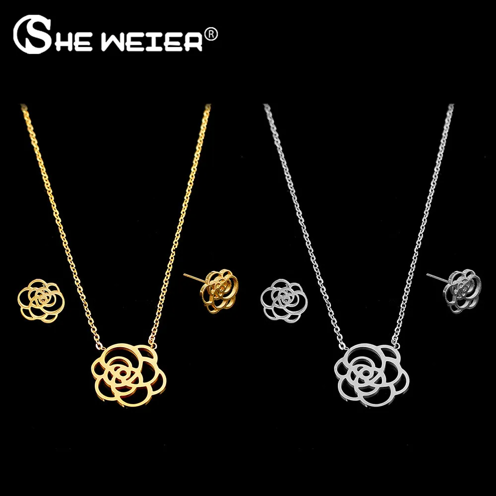 

SHE WEIER stainless steel bridal jewelry sets jewelry accessories for women silver gold necklaces stud earrings jewelry flower