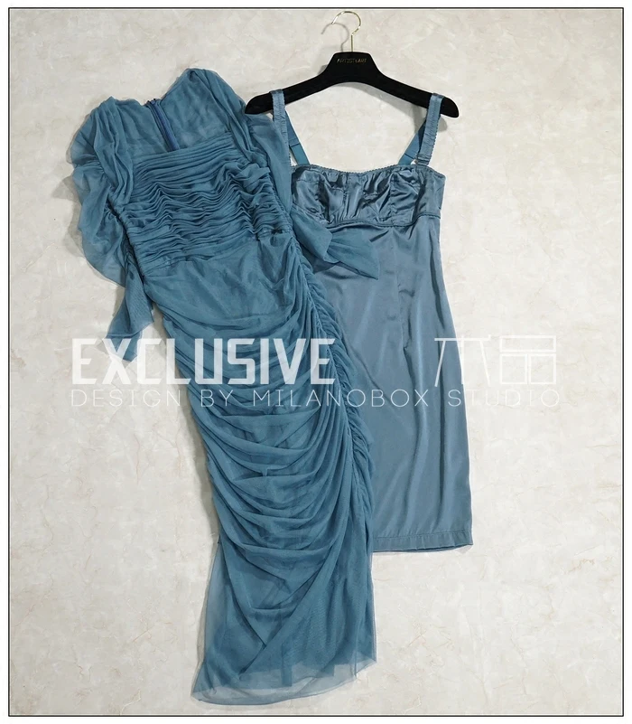 

High Quality New Arrival 2017 Autumn Blue Dress Women Sexy Slash Neck Draped Sheath Dress Silk Mesh Transparent Bandage Dress