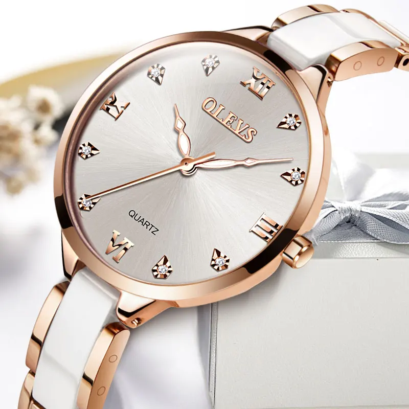 Керамические часы розовое золото повседневные женские кварцевые relojes mujer OLEVS