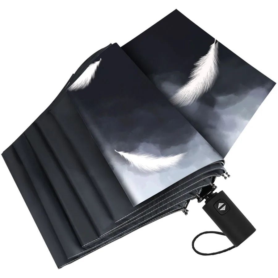 

Feather Automatic Folding Umbrella Compact Portable Uv Black Umbrella Rain Women Sunscreen Modis Umbrella Lightweight 50ys035