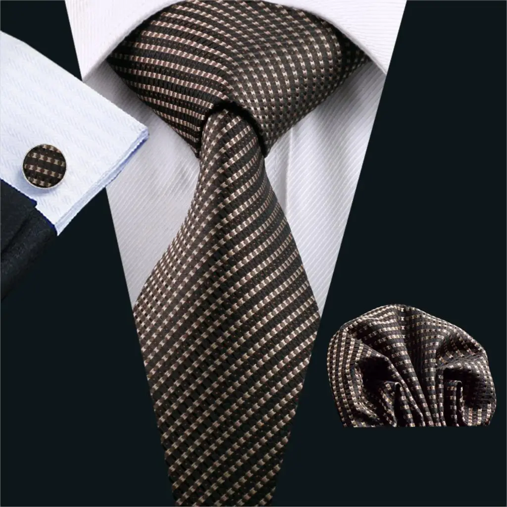 

FA-663 2018 Fashion Classic Tie For Men Brown Striped Silk Jacquard Woven Necktie Hanky Cufflinks Set For Business Wedding