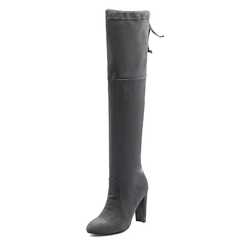 ENMAYER/высокие женские сапоги до бедра из искусственной замши пикантные модные ботфорты из эластичного материала женская обувь черные сапоги на высоком каблуке, CR882 - Цвет: Gray2