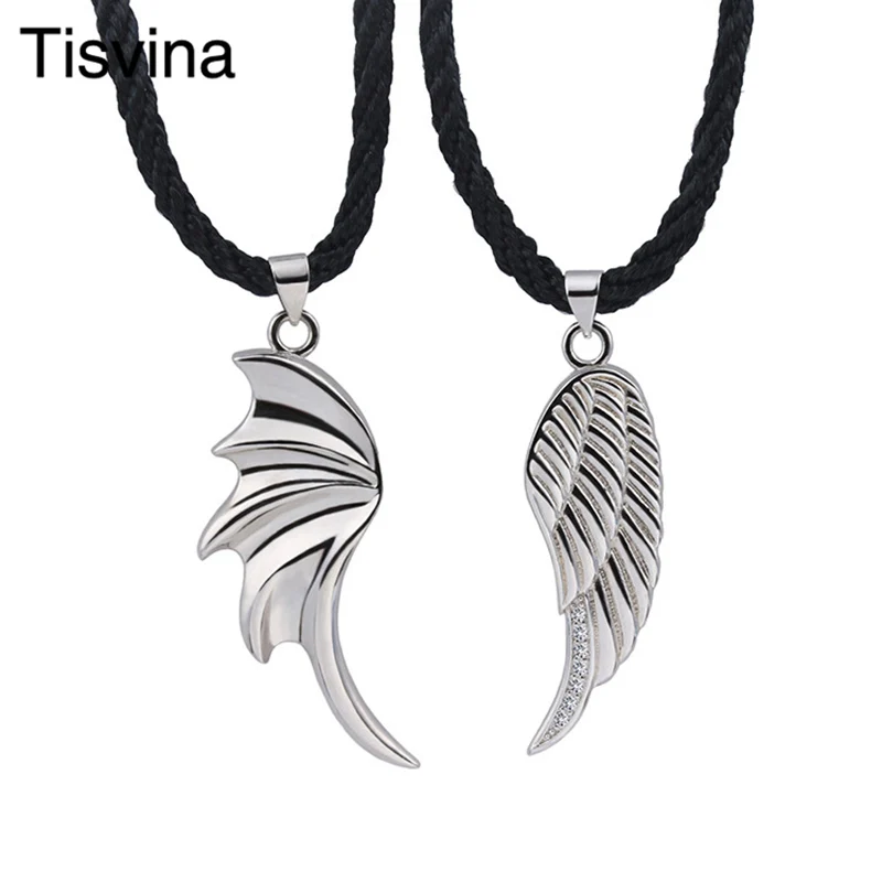 Tisvina демон и ангел крылья перо кулон ожерелья для пар для женщин мужчин влюбленных студентов девушка черные ювелирные изделия из веревки