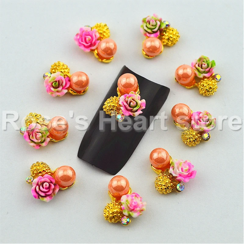

10 Pieces gold metal rose flower Rhinestones pearl 3D nail art decorations Beauty Nails charm jewelry Accessories tools