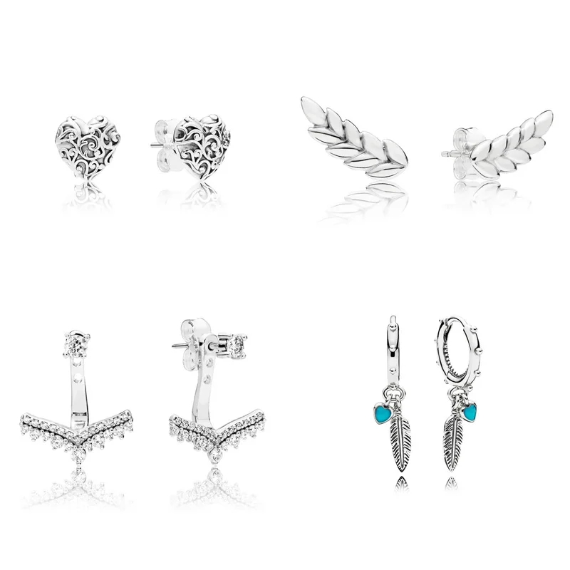 

4 Style 1 Pair Women Ear Studs Feather Paddy Heart Crown Crystal Diy Earrings for Women Wedding Party Jewelry
