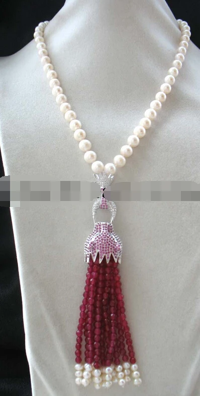 

FREE SHIPPING 08149 freshwater pearl white round 9-10mm &red leopard necklace 18