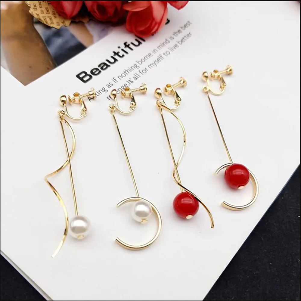 

JIOFREE Korean Style Asymmetric simulated pearl clip on earring Long no pierced Earrings For Women Fashion Ear Jewelry Gift