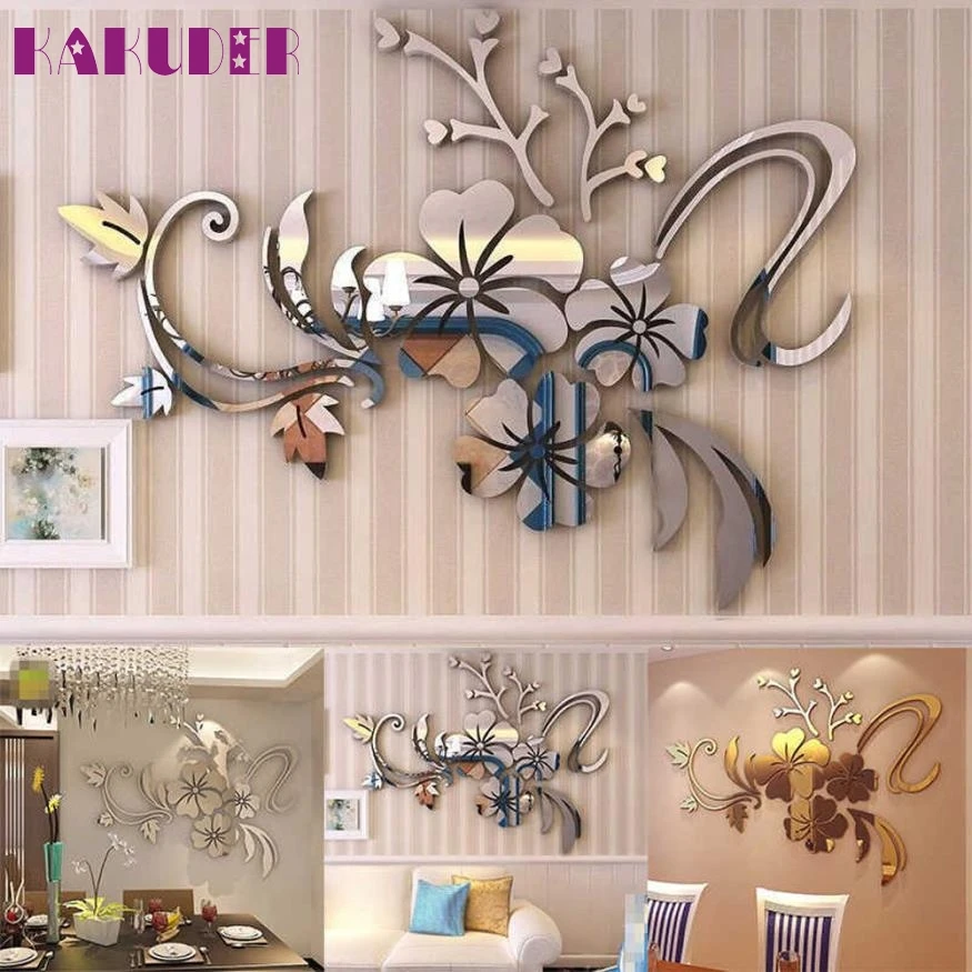 3D Mirror Acrylic Wall sticker Floral Art Removable Wall Sticker Acrylic Mural Decal Home Room