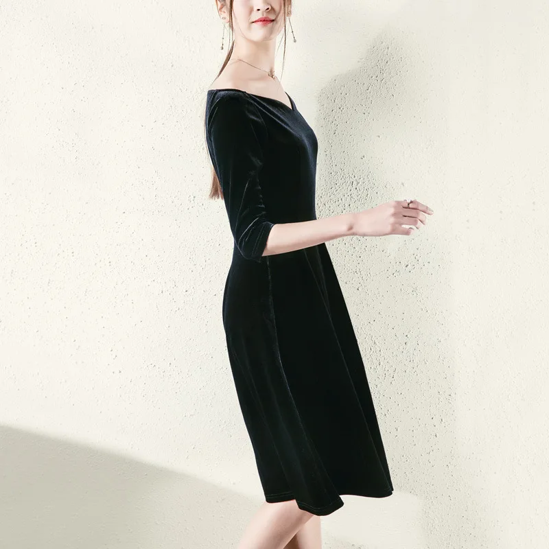 Black One Shoulder Velvet Dress Slash Neck Dress Three Quarter Sleeve High Waist Banquet Dress for Lady