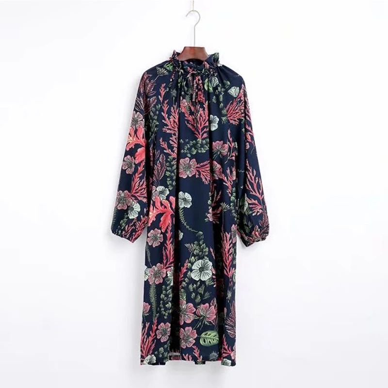 New Arrivals Vintage Floral Dress Women Long Sleeve Below Knee Length