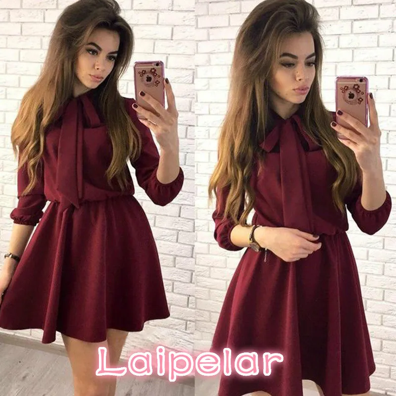 

Summer Dress 2018 Women Fashion Bow Causal Party Dresses Spring O-neck Solid Vintage Mini Dress Plus Size