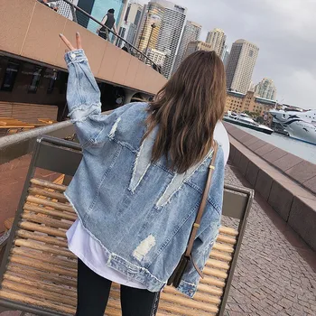 

2019 Solid Hole Jeans Jacket For Women Loose Casual Frayed Women Coats Female Outwear Denim Feminine Chaqueta Mujer Coat Autumn