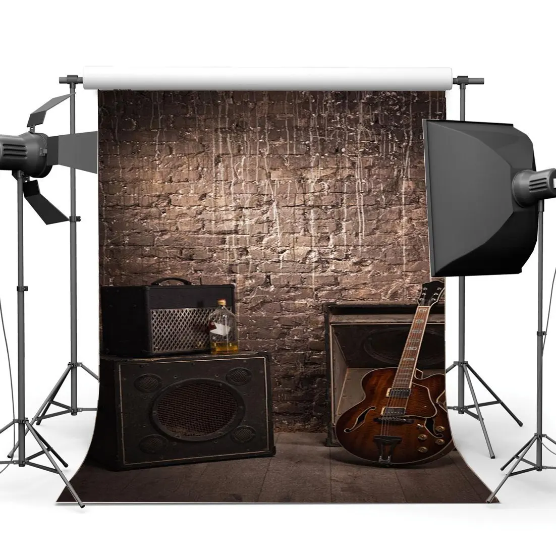 

Shabby Guitar Band Concert Backdrop Hip Hop Grunge Brick Wall Gloomy Stripes Wood Floor West Background
