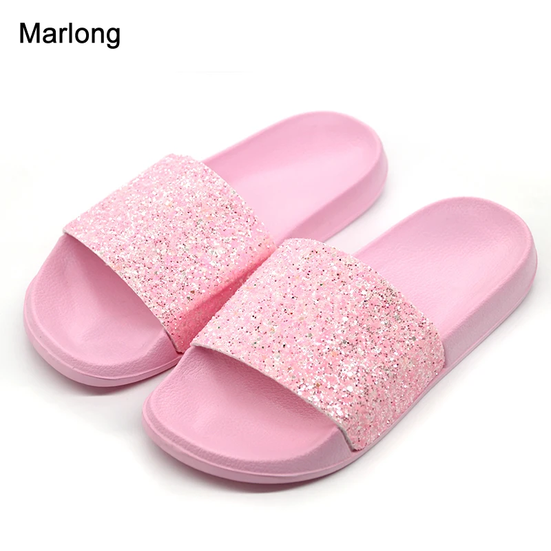 Marlong новый летний Женские Тапочки PU Bling слайды плоские мягкая подошва сандалии