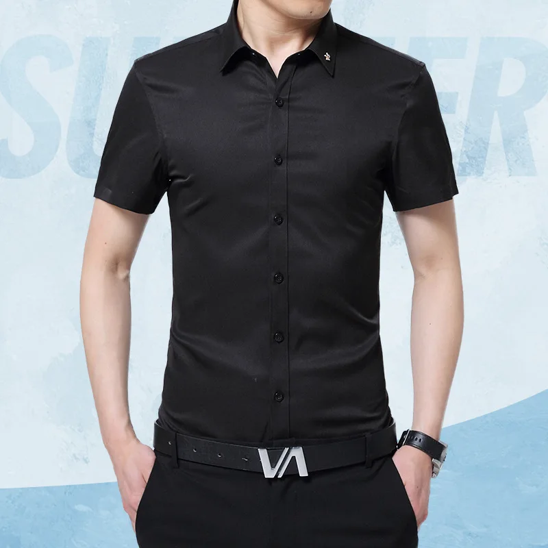 1pcs Mens plus size Slim fit shirts 2020 Summer Pure silk fabric Thin short sleeves dress Men Skinny overhemd boys | Мужская одежда