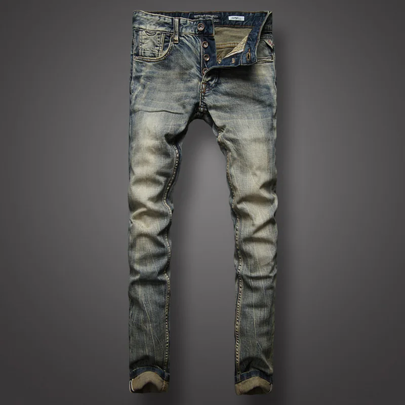 Classic Retro Design Men Jeans High Quality Slim Fit Denim Buttons