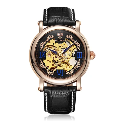 OUYAWEI винтажный дизайн мужские часы Скелет циферблат розовое золото часы Бабочка застежка мужские наручные часы Авто механические часы Montre Homme - Цвет: Rose Black